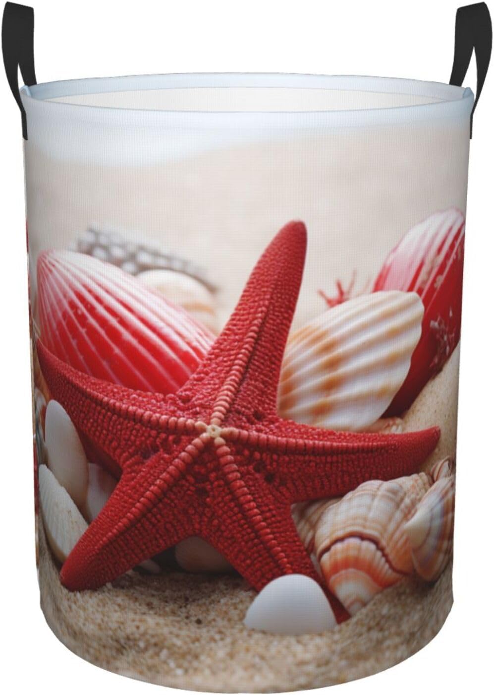 Red Starfish Seashells Laundry Basket With Handles, Foldable Laundry Hamper Oxford Cloth Dirty Clothes Basket Waterproof Clothes Toys Storage Bin Organizer for Bedroom Bathroom Dorm