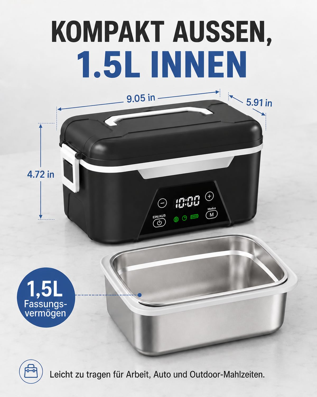LANMOU Scaldavivande Elettrico Portatile, 1,5L Scaldavivande Batteria Ricaricabile USB, Batteria 18000 mAh, Timer, Acciaio Inox 304, Porta Pranzo Riscaldabile per Ufficio, Viaggio, Cantiere, Auto