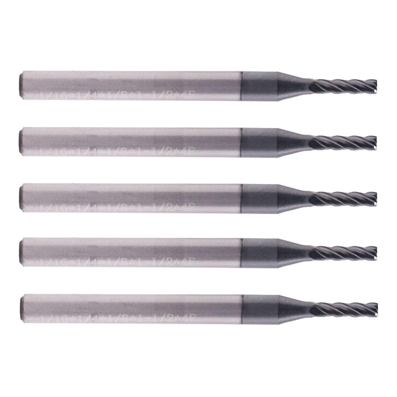 Solid Carbide End Mill Set(5Pcs, 1/16"), AlTiN Coated, 4 Flute, 35° Helix, 1/16" Cutting Dia, 1/8" Shank Dia, 1/4" LOC, 1-1/2" OAL for Milling Alloy Steel, Hardened Steel, Iron, Copper, Square End