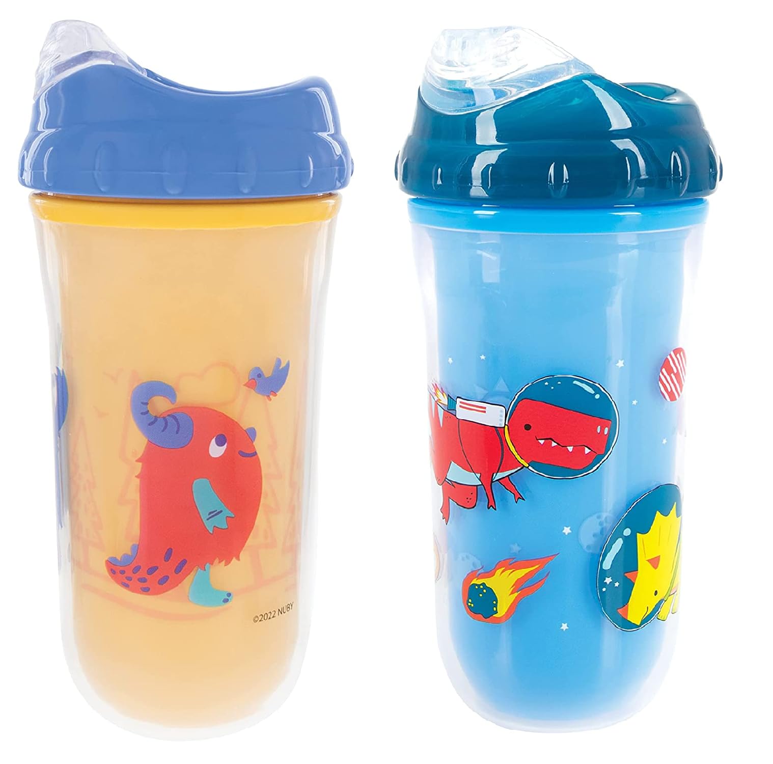 Nuby No-Spill Insulated Cool Sipper, 9 Ounce (Pack of 2), Yellow & Blue