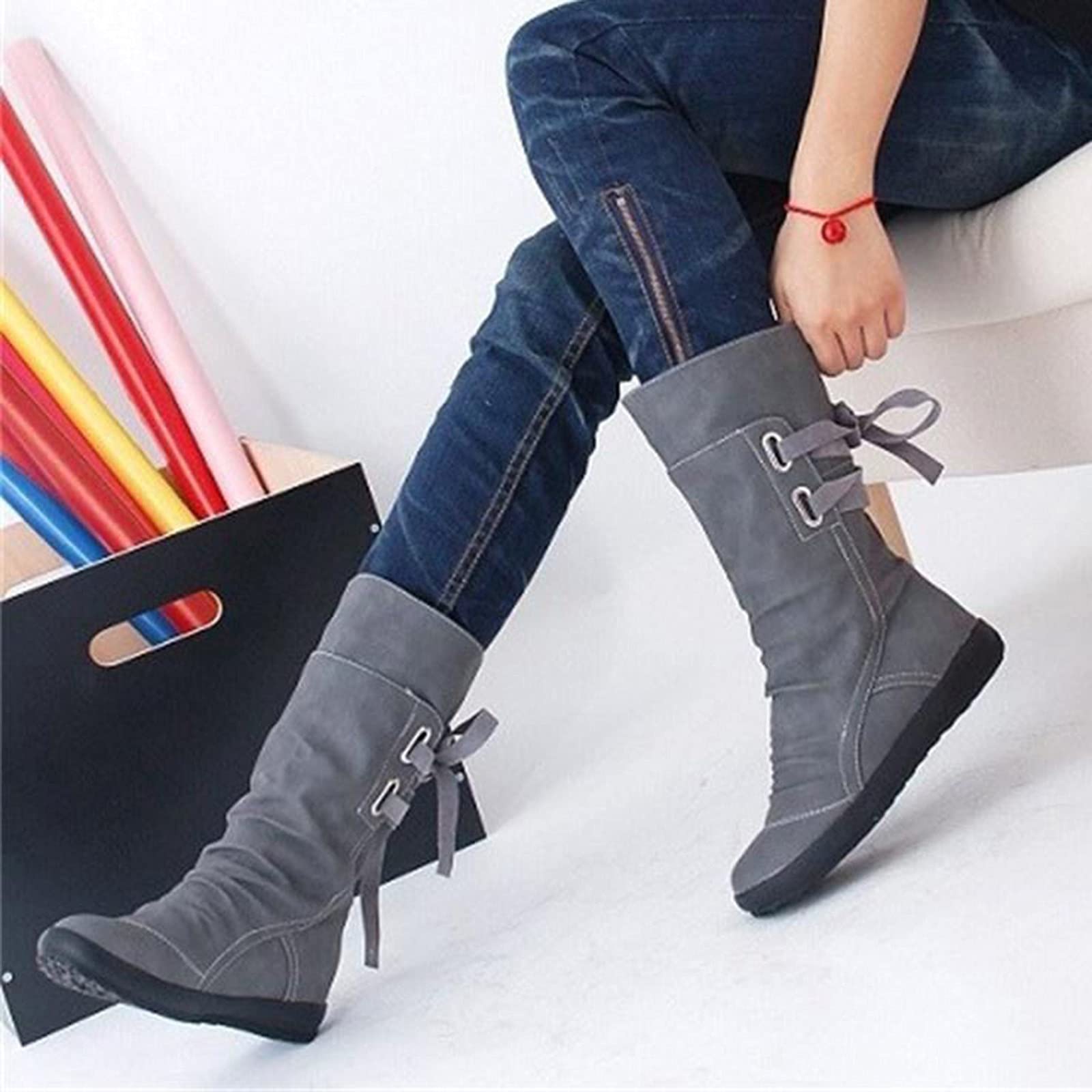 Generisch Allacciatura Stivali medi per moto per tacchi con zeppa stivali per donne scarpe da donna eleganti argento
