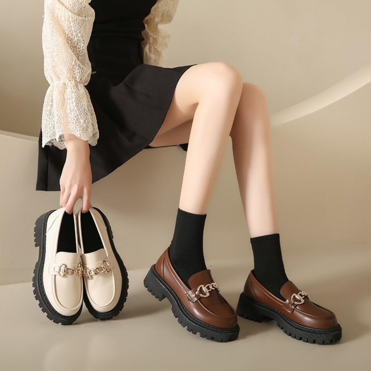 Mocasines de piel con forro de lana para mujer, suela gruesa, suaves, cálidos, sin cordones, tacón grueso, mocasines de tacón grueso, vestido de negocios, trabajo