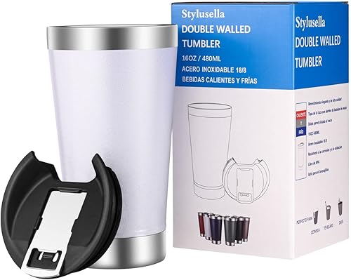 Miniatura 6 de Stylusella Vaso de cerveza de acero inoxidable de 16 oz16.2 fl oz, vaso aislado al vacío de doble pared, tapa con abridor de botellas, mantiene las