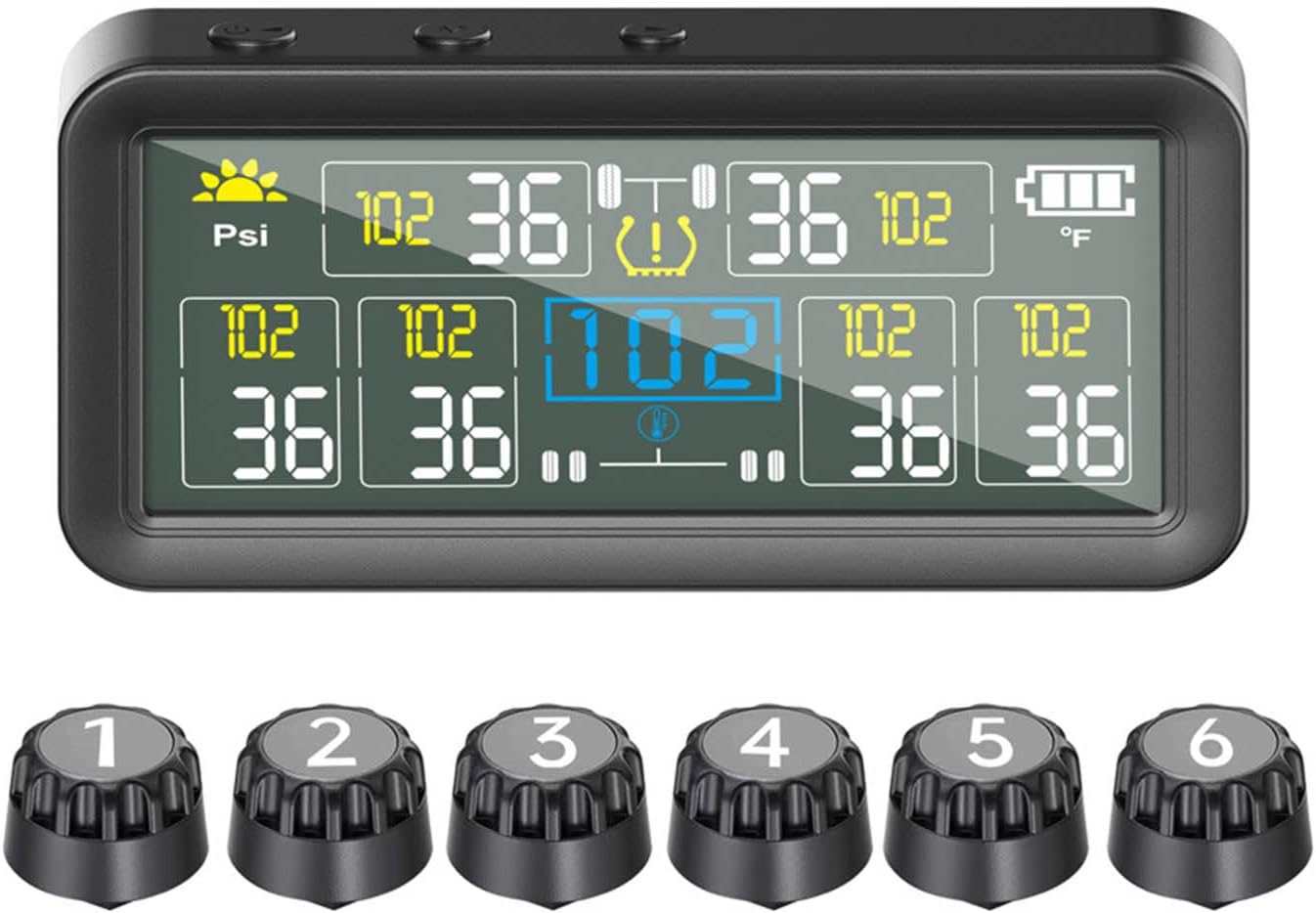 Tire Pressure Monitoring System for RV Trailer - Solar TPMS with 6 Sensors (0-144 PSI), 4" Large Display Auto Backlight, 2500mAh Battery, Real-time Alarm for Travel Trailer Camper 5th Wheel