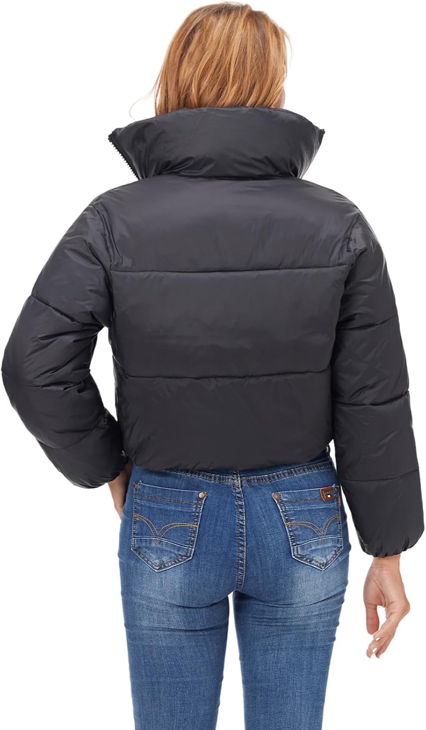 Fuinloth Women's Puffer Jacket, High Stand Collar Zip Pocket Crop Long Sleeve Coat - Image 4