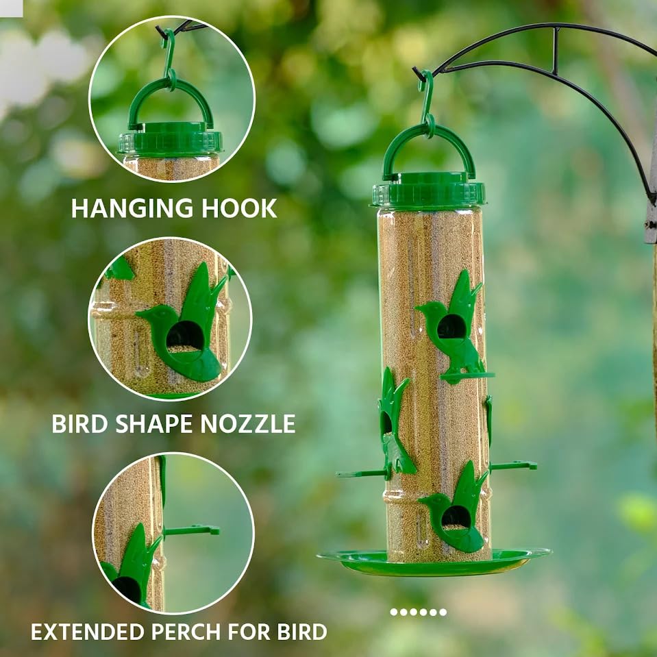 Image of Bird Feeder for Garden Balcony - Large 1kg Transparent Hanging Food Station for Wild Birds - 6 Port Weatherproof Seed Dispenser - Ideal Gift for Bird Lovers, Easy to Fill & Clean Design