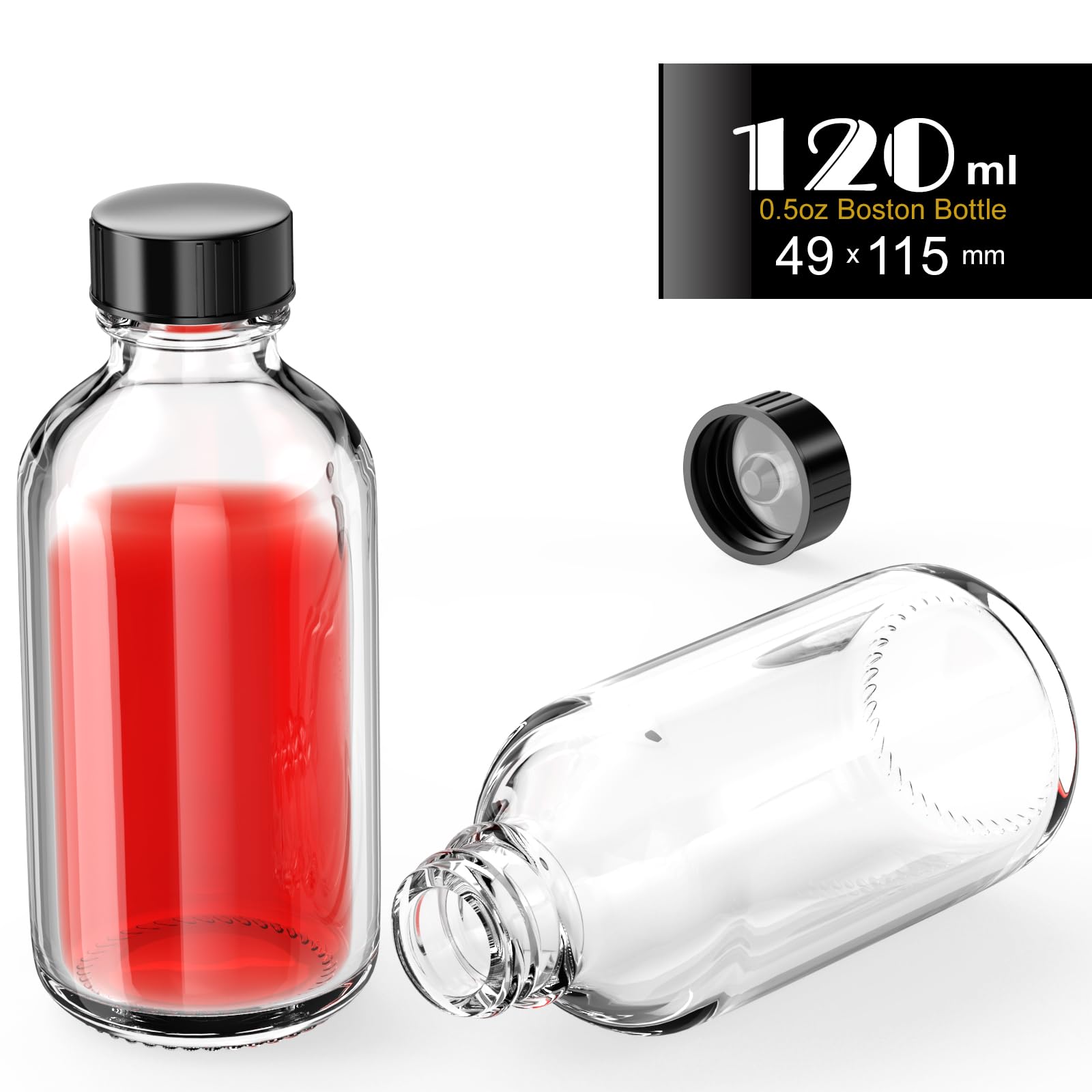 ZHANXUBIO 4 oz Clear Glass Bottles 12PCS, 120ml Boston Round Sample Bottles with Black Poly Cone Caps, Labels, Funnels (120ml 4oz, Clear)