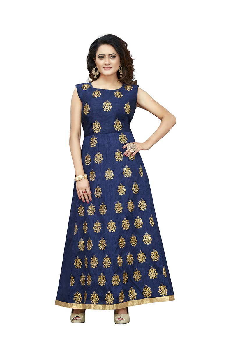 Mert India Dark Blue Banglori Silk Satin Blend Embroidered Stitched Kurty