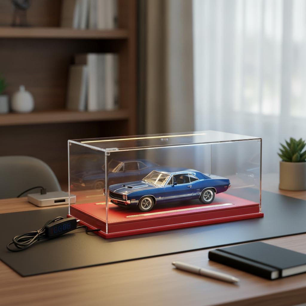 Vetrina Display Case per Auto 1:24 , Rosso | Illuminazione regolabile, Contenitore per figure, Esposizione di giocattoli, Per espositori toriali