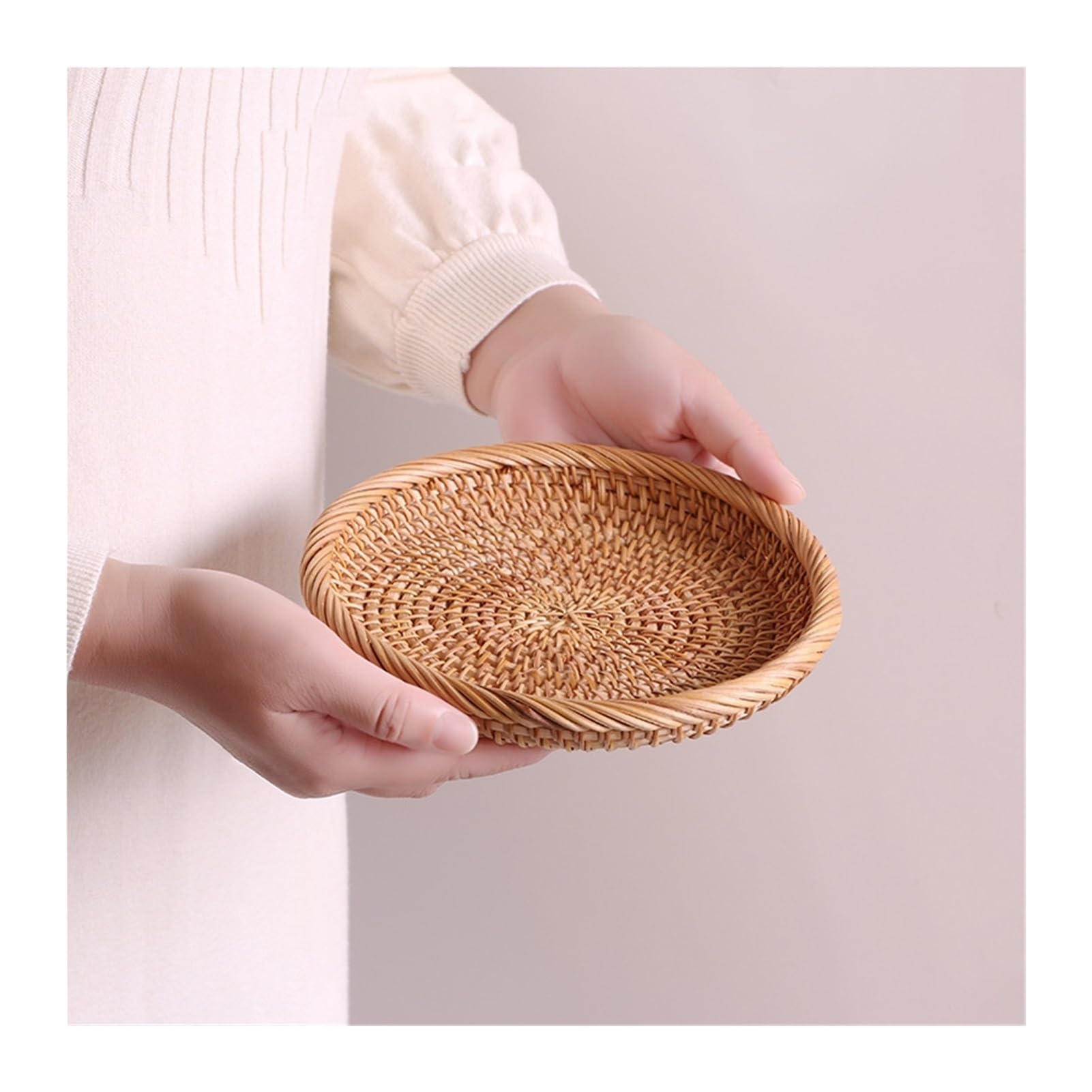 7" Handmade Rattan Bread Baskets Round Wicker Fruit Serving Storage Bowls Natural Shallow Woven Basket Decorative Kitchen Counter Organizing