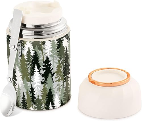 Tarro de comida de bosque de árbol de Navidad con cuchara de acero inoxidable aislado al vacío, recipiente de alimentos de 17 onzas para alimentos