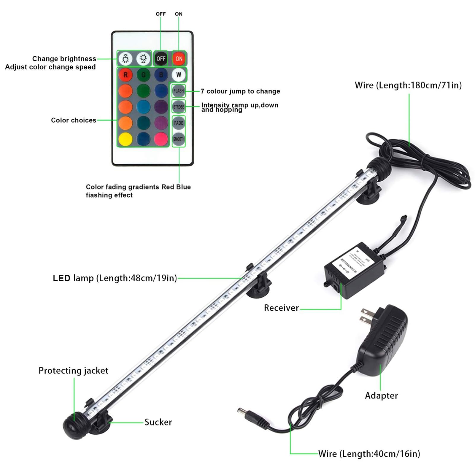 Tira De Luces LED For Acuario - Luces RGB For Acuario, Subacuáticas con Control Remoto, Resistente Al Agua IP68, con Temporizador, Encendido Y Apagado Automático(48cm(110-240V))