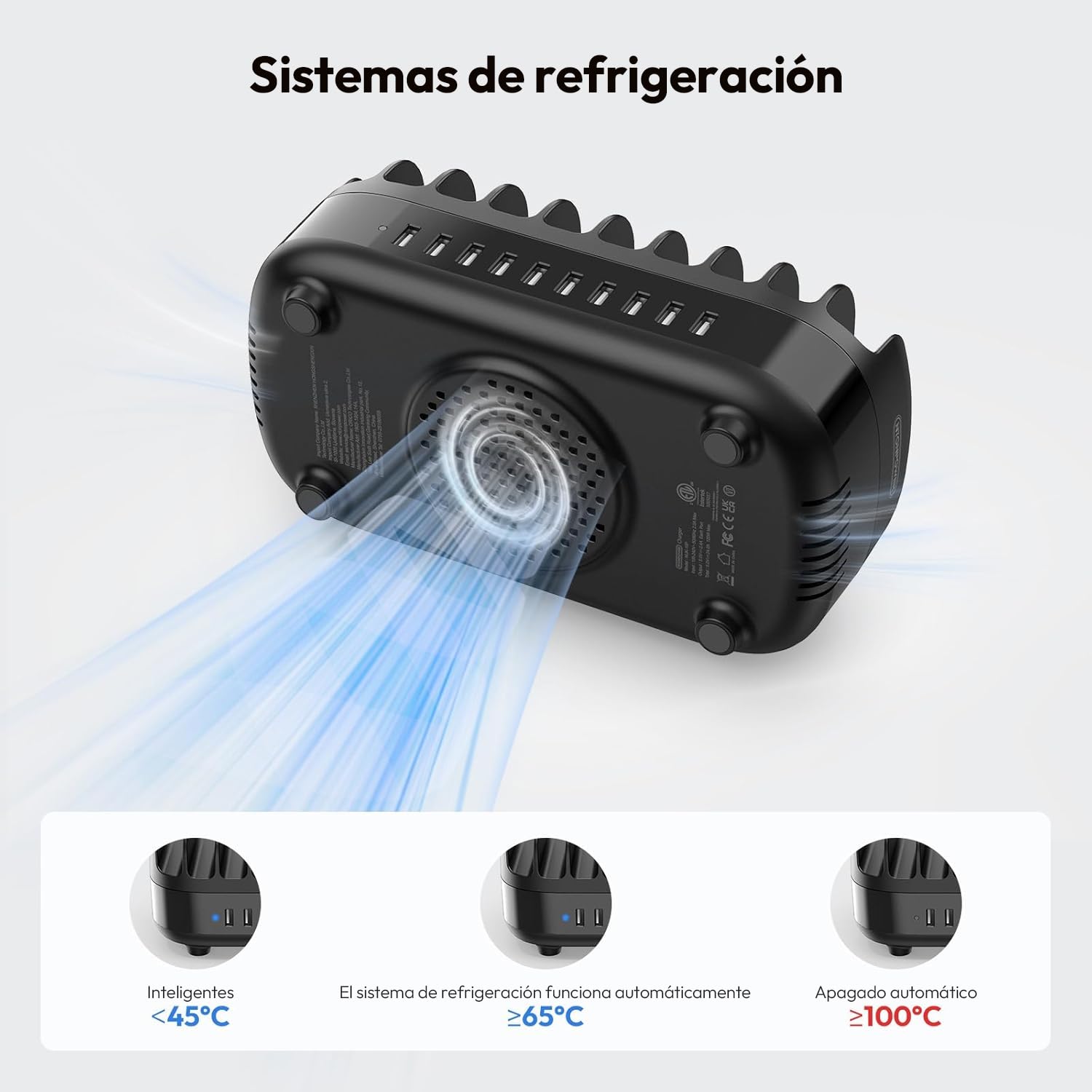 NTONPOWER Estación de carga para tablet, 10 puertos, multiUSB, 120 W, con disipador de calor automático silencioso, para teléfonos móviles, smartphones, tabletas, color negro