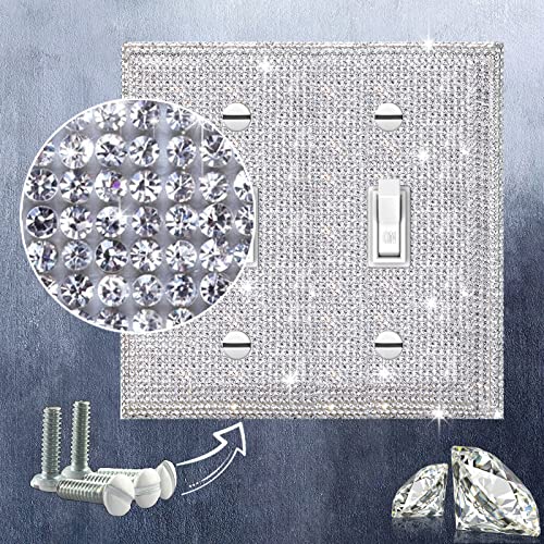 Image of Shiny Silver Rhinestones Wall Plate Cover Double Toggle Toggle Light Switch Cover Rhinestones Outlet Covers Wall Plate 2 Gang