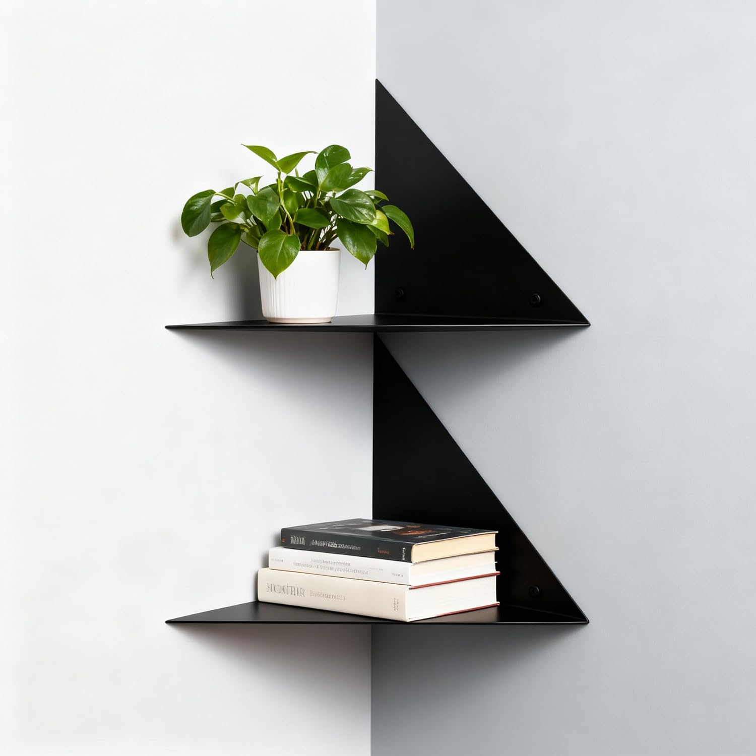 Corner Shelf for Walls, Black Simple Metal Shelves Wall Mounted, Creative Floating Shelf Set of 2 Geometric Plant Rack, Bathroom, Living Room Small Corner Ledge Triangle Shelving (Black, Set of 2)