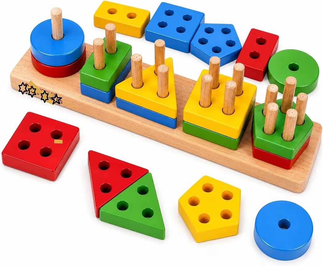 Wooden Shape Sorter and Stacking Puzzle Toy for Toddlers 2+ Years, Multicolour, Wood, with Wooden Base Board, Geometric Blocks and Pegs, 29x6x4 cm-image-9
