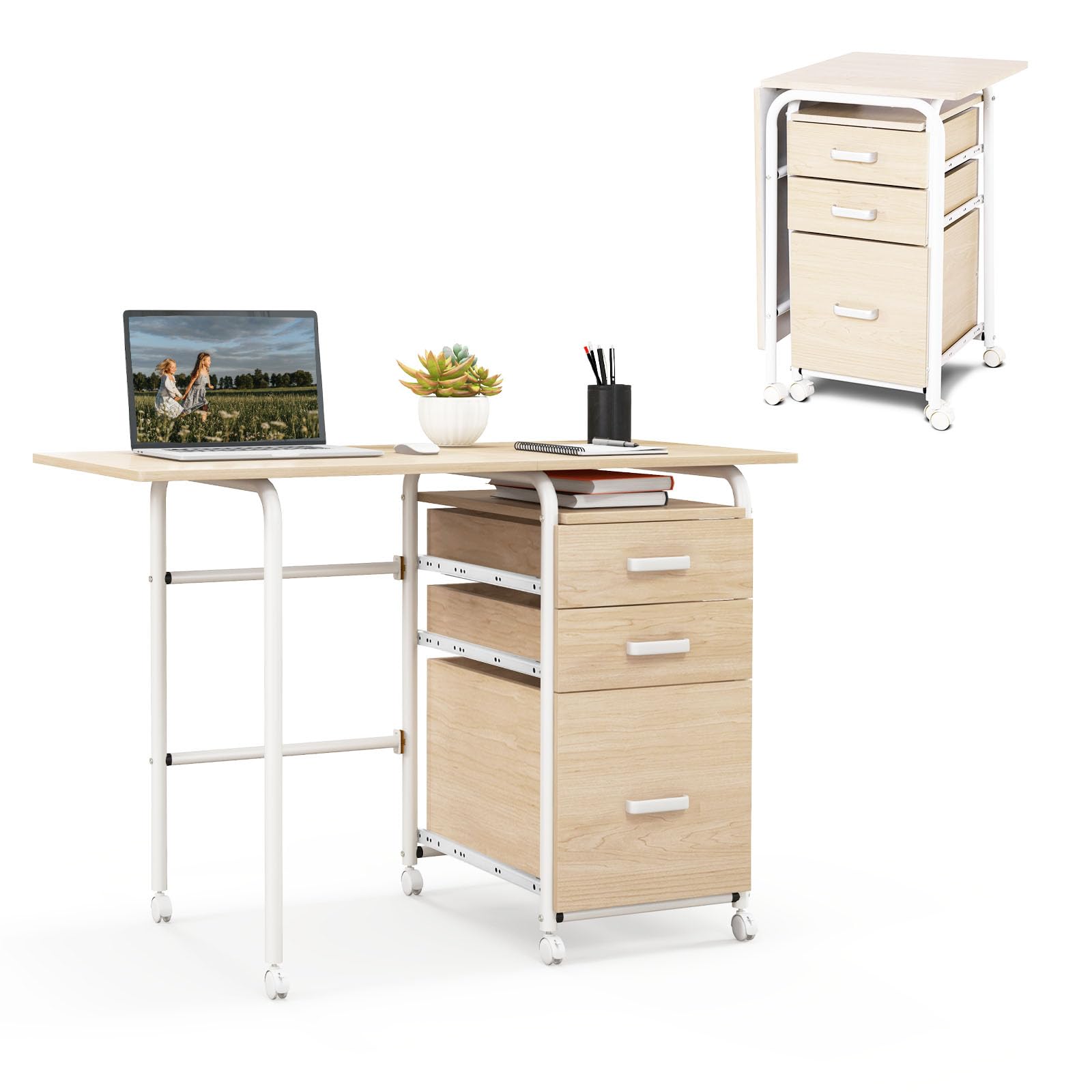 LIFEZEAL Escritorio Plegable con cajones y Ruedas (Natural)