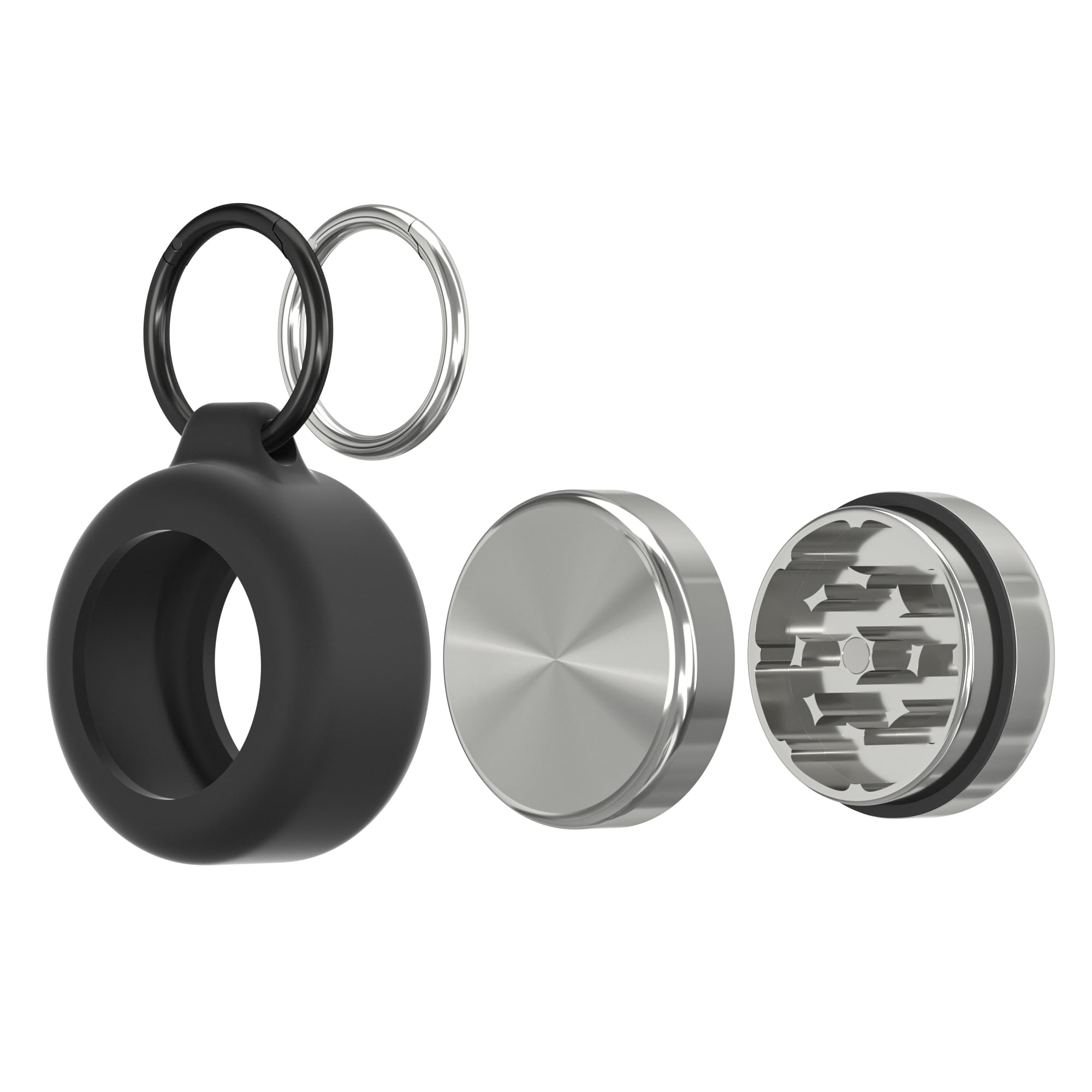 Edelstahl Grinder Travel ⌀ 42 mm – 2-teiliger Mini Grinder aus Edelstahl mit schwarzer Silikonhülle & Karabiner – kompakt, robust, stilvoll für unterwegs