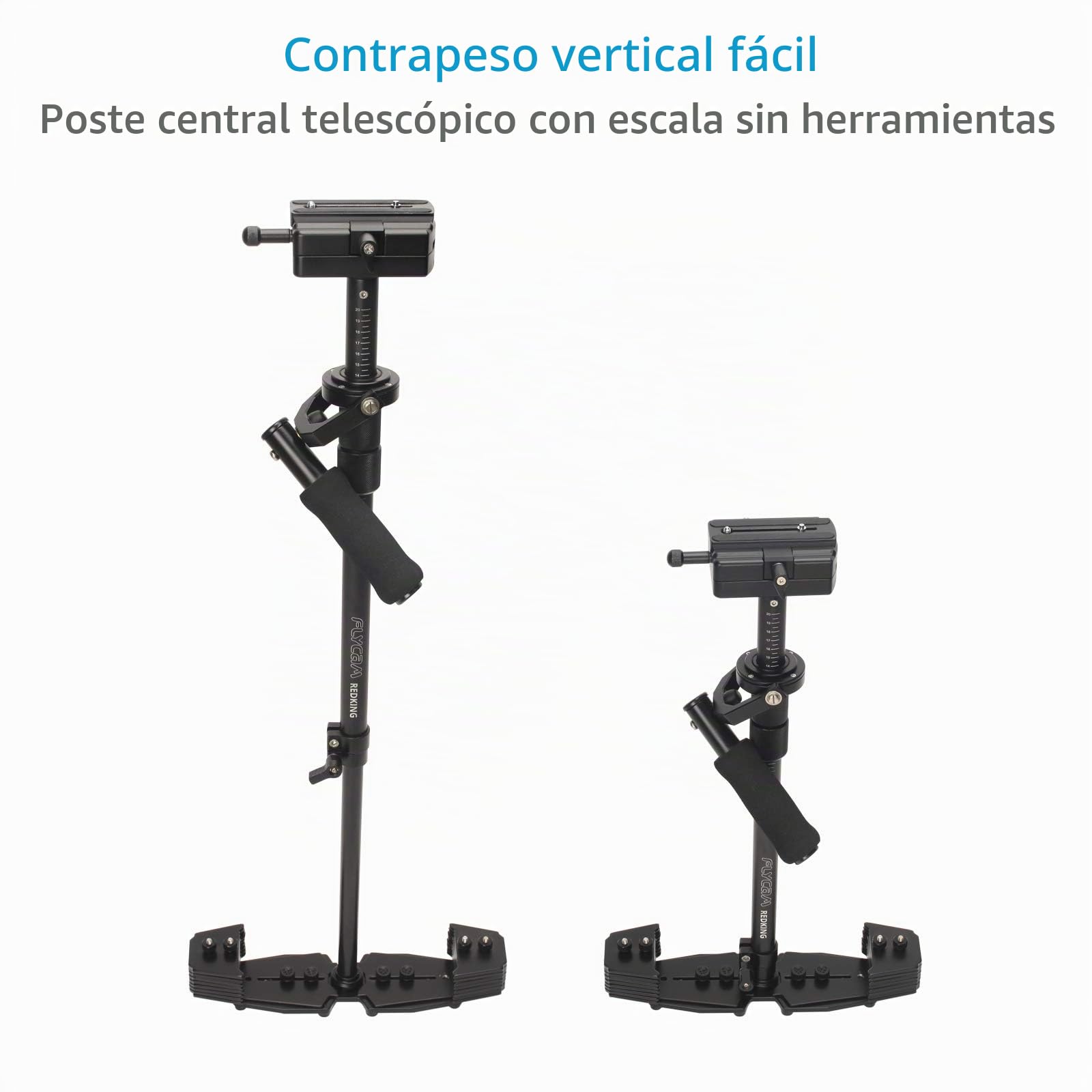 FLYCAM Estabilizador de cámara de vídeo Manual Redking, 0,8-7 kg | Placa de liberación rápida tipo dovetail con gimbal de 3 ejes; poste telescópico de 55 a 82 cm con escala láser.