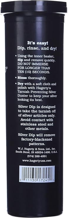 Hagerty Flatware Silver Dip - Silverware Cleaner with Basket for Silver Forks, Knives, Spoons, and Plates, Removes Tarnish Effortlessly - Black, 16.9 Fl Oz Container