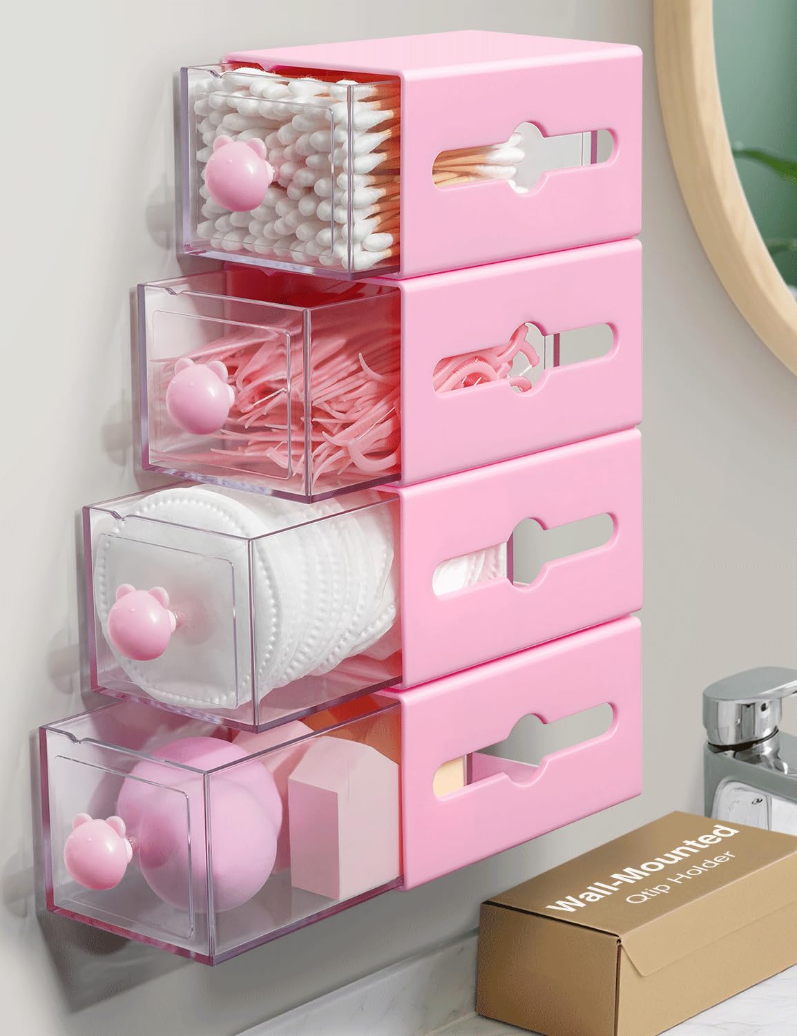 Qtip Holder for Bathroom Wall Organizer – Bathroom Decor, Dorm Room Essential, Small Q-tip Dispenser for Cotton Swabs, Balls, Pads, Floss Picks –