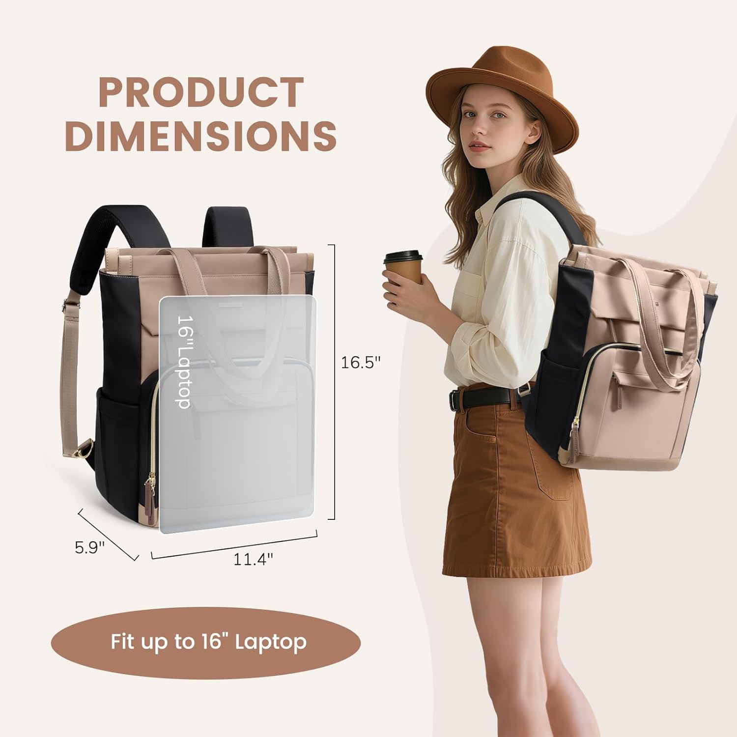 Convertible Daypack Laptop Backpack for Women Men Carry on Tote Backpack Bookbag for College Work Nurse Travel,16Inch,Champagne Brown Black - Image 2