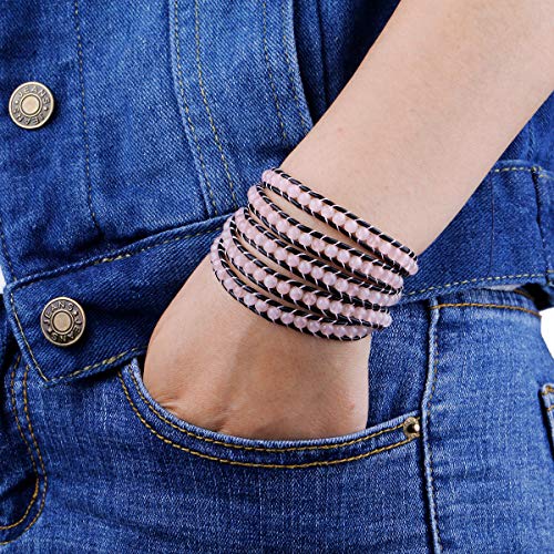 Nupuyai Handmade Leather Beaded Stone Wraps Bracelet Collection For Unisex Rose Quartz #TOP3