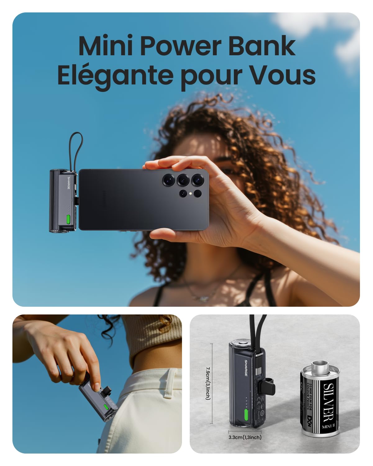 SHARGE Flow Mini 2.5000mAh Mini batteria esterna 22.5W PD USB C Power Bank | Batteria esterna compatta da 22,5 W con cavo USB-C integrato, ricarica rapida, doppia uscita e design ideale per i viaggi.