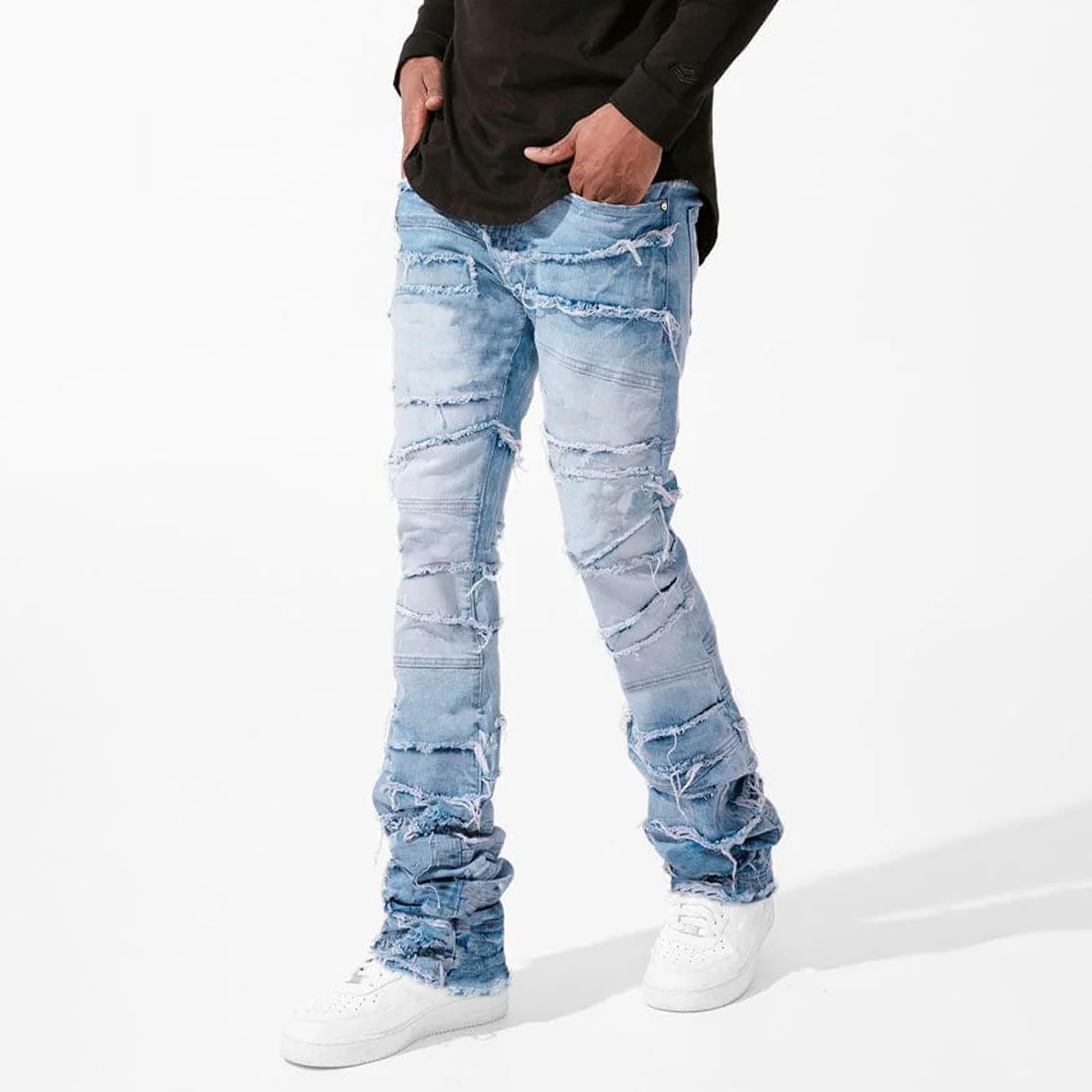 Herren Loch Gestapelte Denimhose Jeanshose Hip Denim Hosen Vintage Skateboard Hose Streetwear Coole Jeanshosen Skinny Ripped Denimhose Teenager Jungen Hop Jeans Straight Leg