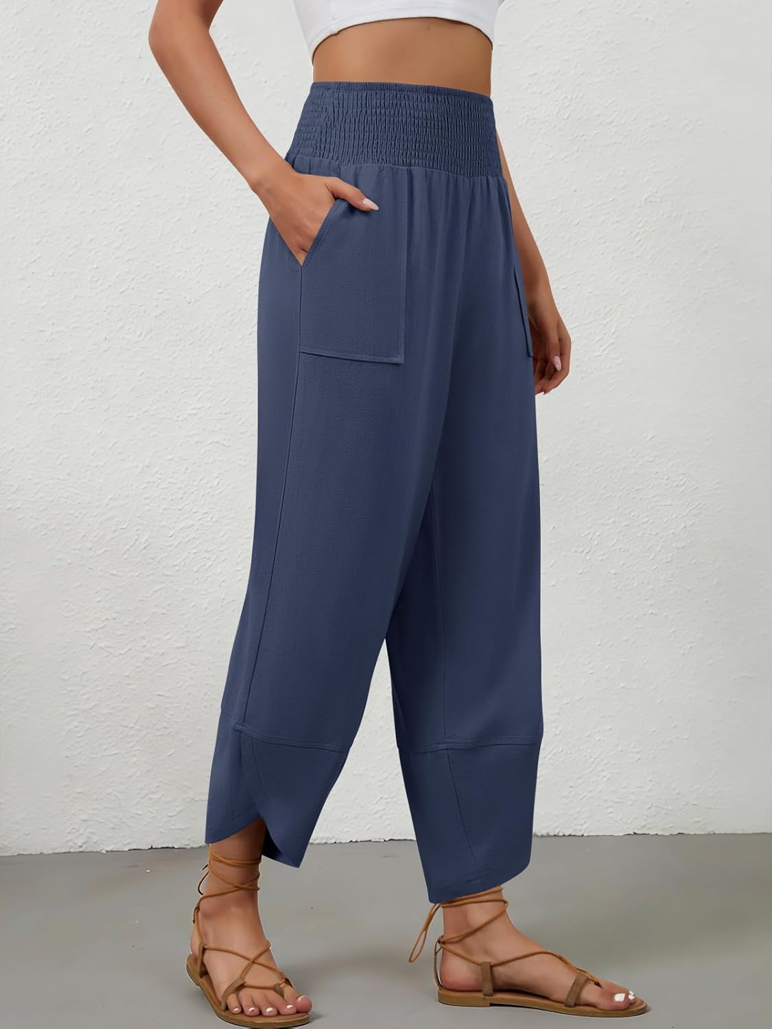 Womens Linen Pants Wide Leg Palazzo Capri Barrel Harem Pants Casual High Waisted Trousers with Pockets Beach