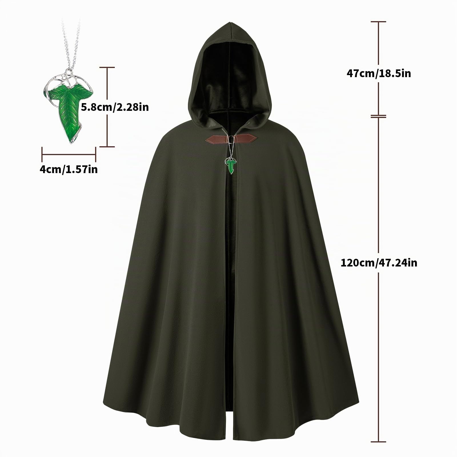 Cape à capuche Renaissance avec broche elfe feuille verte vêtement médiéval unisexe Halloween Moyen Âge Manteau à capuche