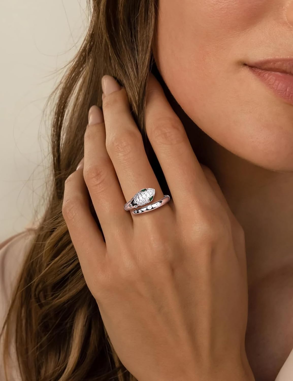 Fashion Snake Rings for Women Sterling Silver/14K Gold Plated Statement Cocktail Ring Punk Jewelry Adjustable Open Emerald CZ Snake Finger Ring Size 6-10 - Image 2