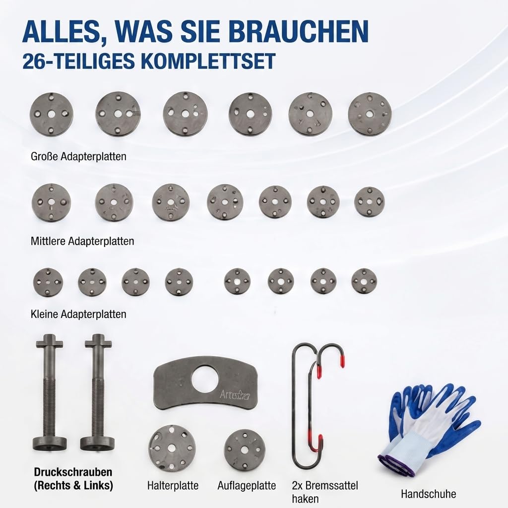 26tlg Universal Bremskolbenrücksteller Satz, Profi Bremssattel Rückstellwerkzeug Set für Bremsenwechsel, Kolbenrücksteller KFZ Spezialwerkzeug kompatibel mit VW, Audi, BMW, Ford, Opel