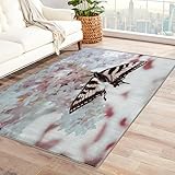 SUWALI Schmetterling Teppich Wohnzimmer 160x200 cm, Weiß Blumen Carpets for Living Room Schlafzimmer Kurzflor Weich Flauschig, Flanell rutschfest Waschbar Outdoor Teppiche für Balkon