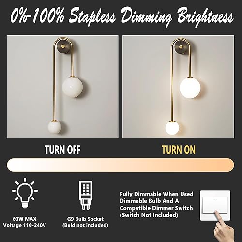 Miniatura 5 de Lámpara de pared moderna de mediados de siglo con forma de globo para interiores, 2 luces, color negro y dorado, con vidrio de leche, lámparas de