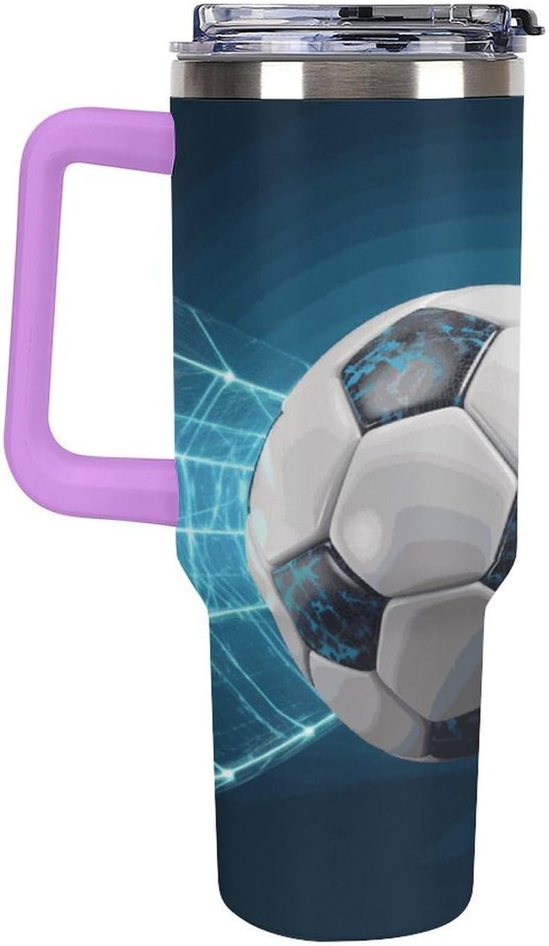 Soccer Sports Ball Tumbler 40 Oz with Handle&Lid Large Car Cup Stainless Steel Vacuum Travel Mug Insulated Water Bottle Leak-proof Portable Coffee Cup for Home Car Outdoor