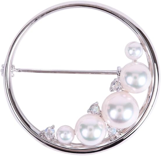 Japanese 3.5-7.0mm Akoya Cultured Pearl with Blue moonstone Brooch for Women with Sterling Silver | Elegant Design Excellent Gift | Pearl Brooch