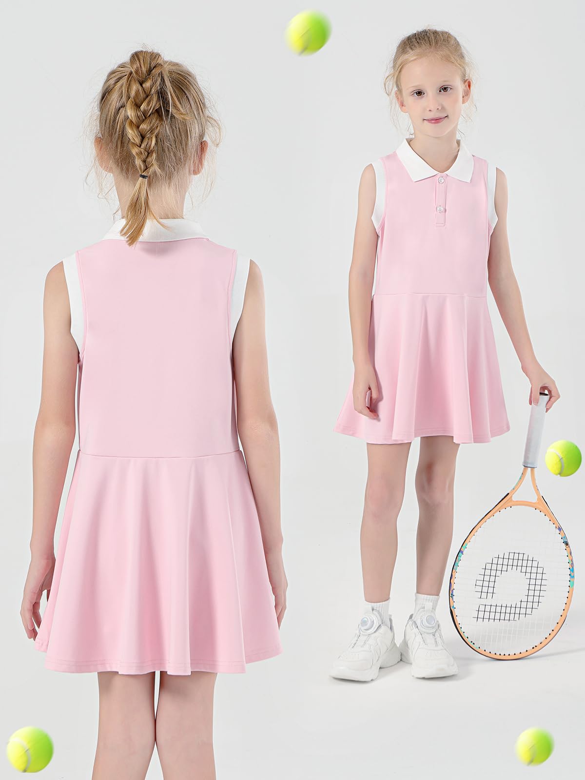 Vestido de Tenis para Niñas con Separados Pantalones Cortos Bolsillos Vestido Deportivo sin Mangas Polo Vestido de Golf 5-15 años