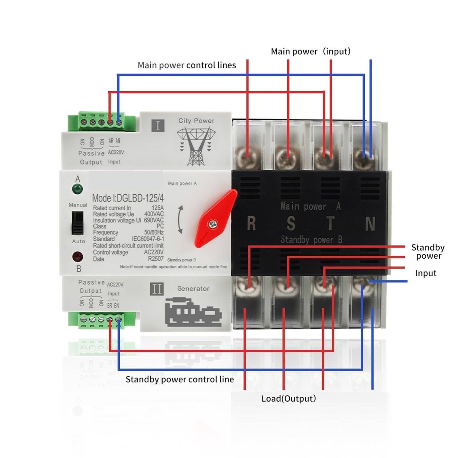 1 x automatyczny przełącznik transferu podwójnego zasilania ATS 2P 4P do szyny DIN 125 A, przełącznik elektryczny, generator prądu nieprzerwanego (2P, 110 V)