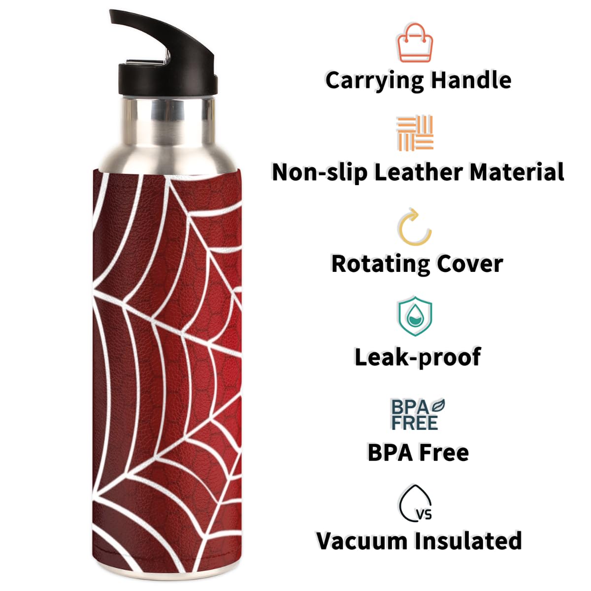 Vnurnrn Halloween Trinkflasche 600ml - Spinnennetz Design, Edelstahl Isoliert, Mit Strohhalm