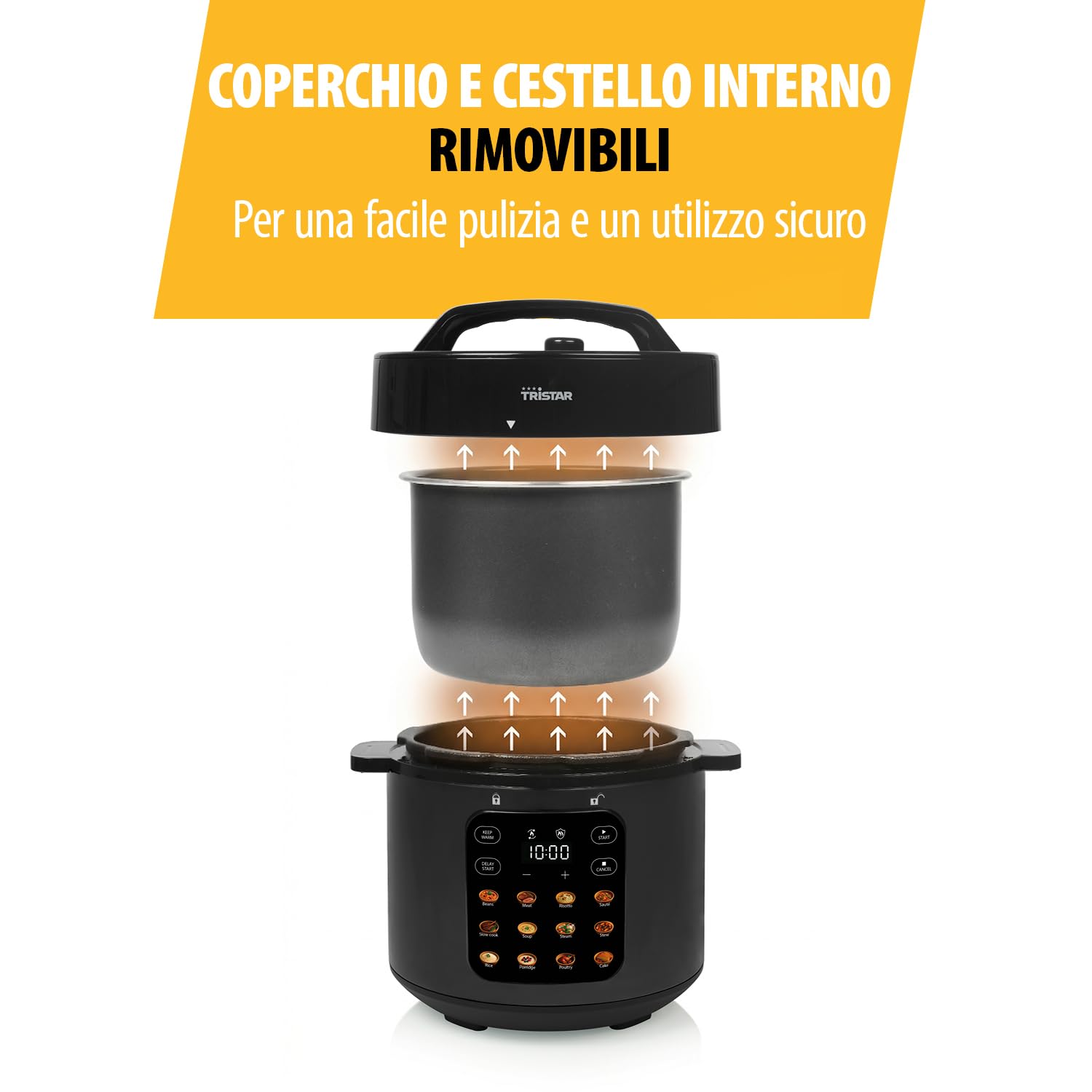 Pentola a Pressione Elettrica Tristar, Capacità 6 l, Potenza 1000 W, Sistemi di Sicurezza Integrati, Pentola Interna Rimovibile, Facile da Pulire, RK-6160
