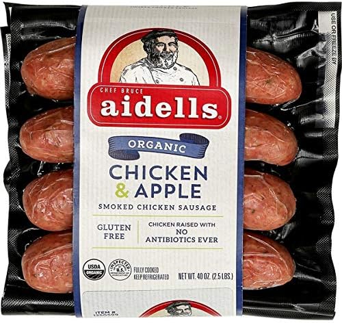 Aidells Smoke Organic Chicken Apple Sausage, GLUTEN FREE NO NITRITES NO ADDED HORMONES NO MSG 40 Oz | Pack of 2