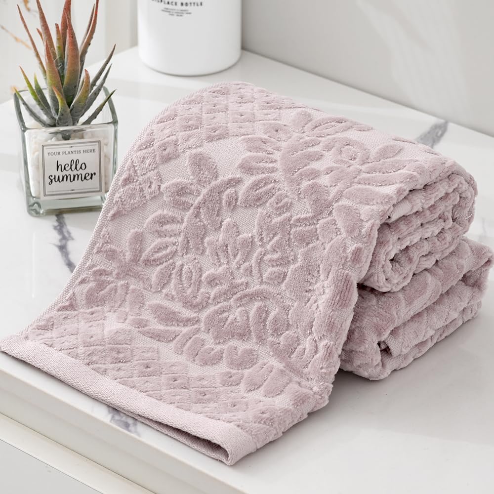 Bathroom Hand Towel Set of 2 Exquisite Vine Jacquard 100% Cotton Quick-Dry Textured Checkered Absorbent Soft Decor Hand Towels for Kitchen Spa Guest Gift (Purple, 13"x29")