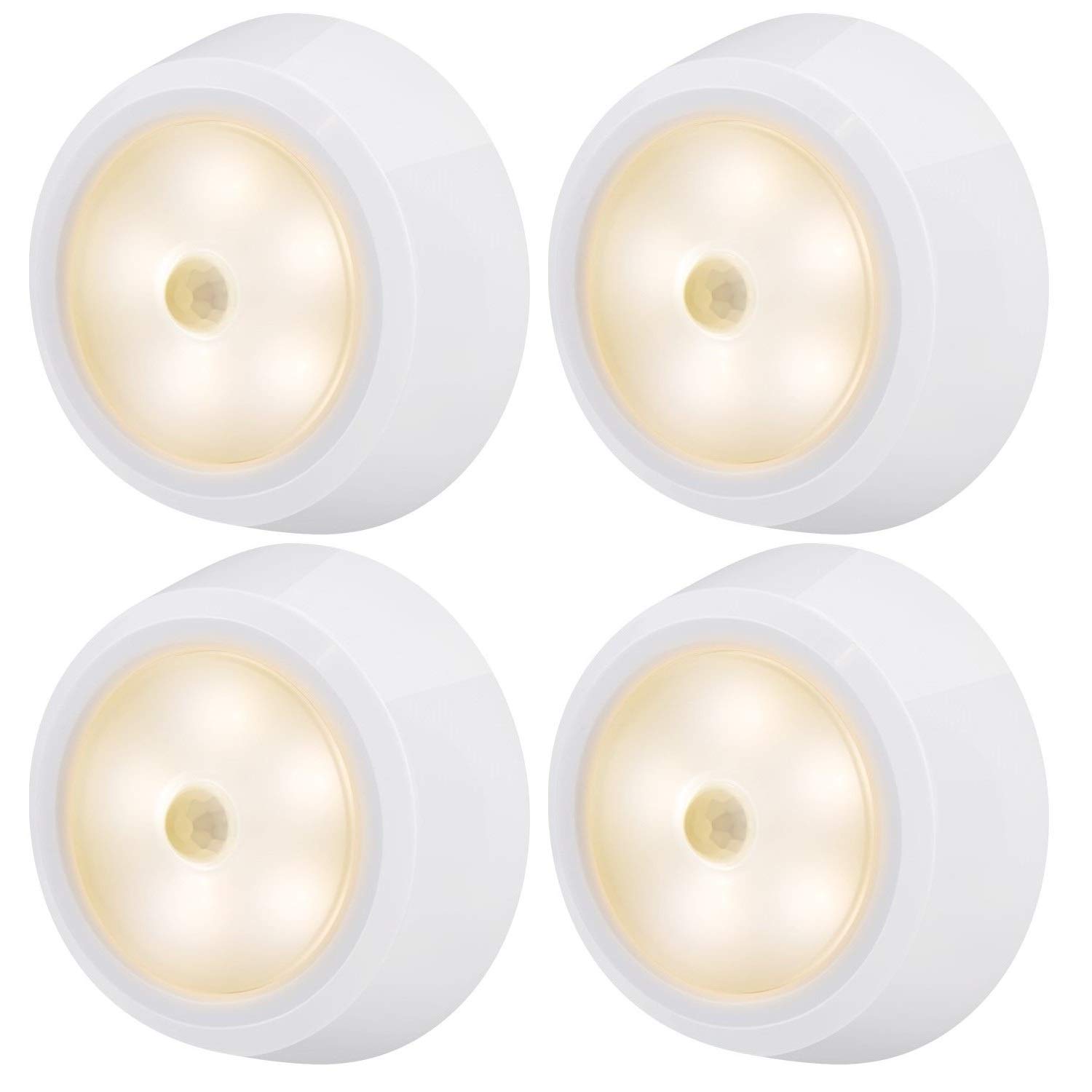 BIGLIGHTBattery Operated Motion Sensor Closet Lights, Wireless Puck Lights, Push Light, Tap Light, Stick on LED Night Light for Under Cabinet Counter Stairs Shelf Safe Pantry, 3.15 Inches, 4 Pack