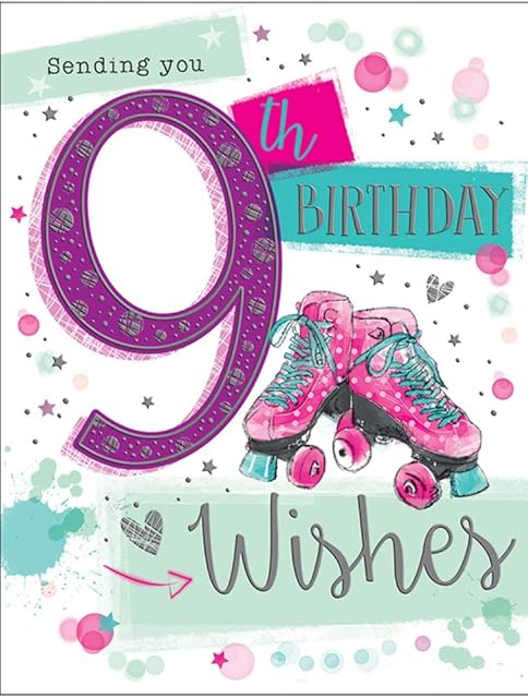 Girl Age 9 Sending You 9th Birthday Wishes Card - Roller Skates