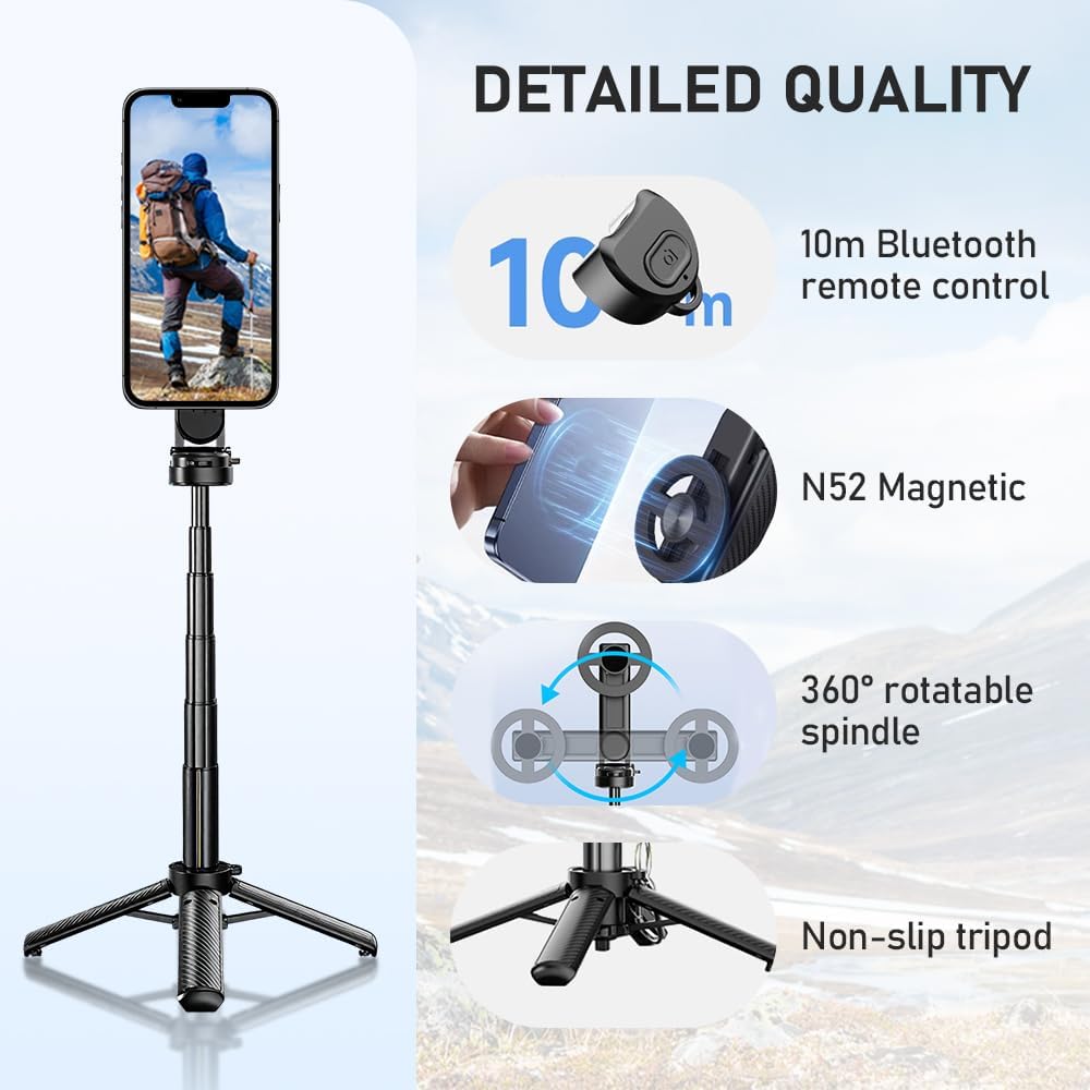 Perche à selfie magnétique de poche, multifonctionnelle et portable avec télécommande et lumière, mini trépied 4 en 1 multifonction rotatif à 360 ° pour voyage et enregistrement vidéo (1 pièce)
