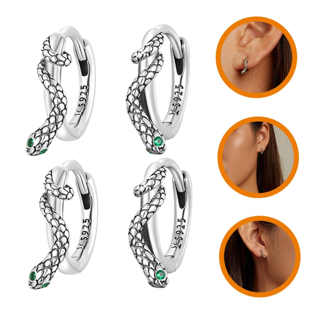 Hohopeti 2 Paare Sterling Silber Schlangen Ohrringe Damen Ohrstecker mit Grünem Zirkonia Hypoallergen Minimalistisches Design Sicherer Verschluss Modische Schmuckstücke für Alltag und