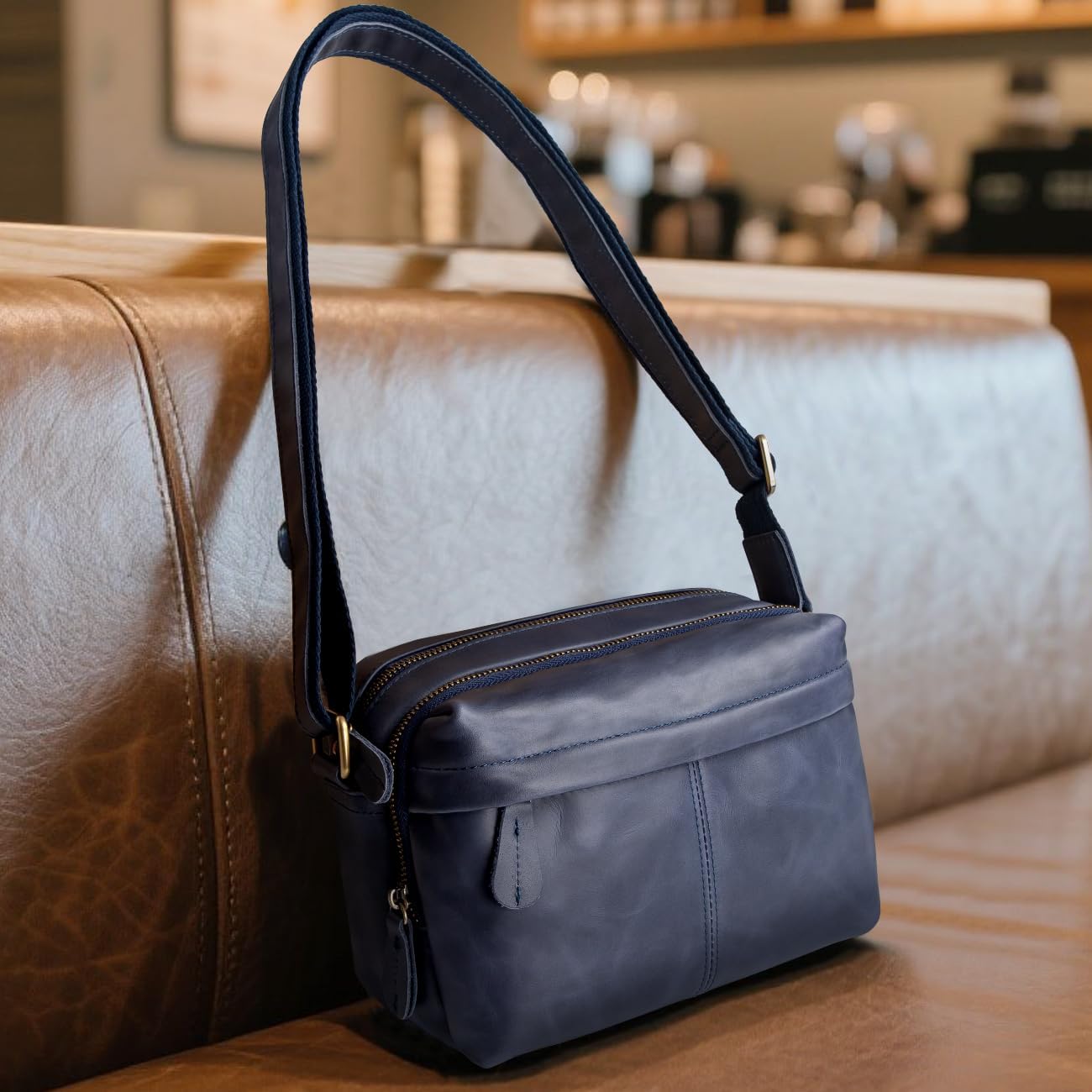 Augus Men's Leather Messenger Bag Shoulder Crossbody Backpack Bags Purse for Women Vintage Anti-Theft Waterproof Casual (Blue) - Image 3