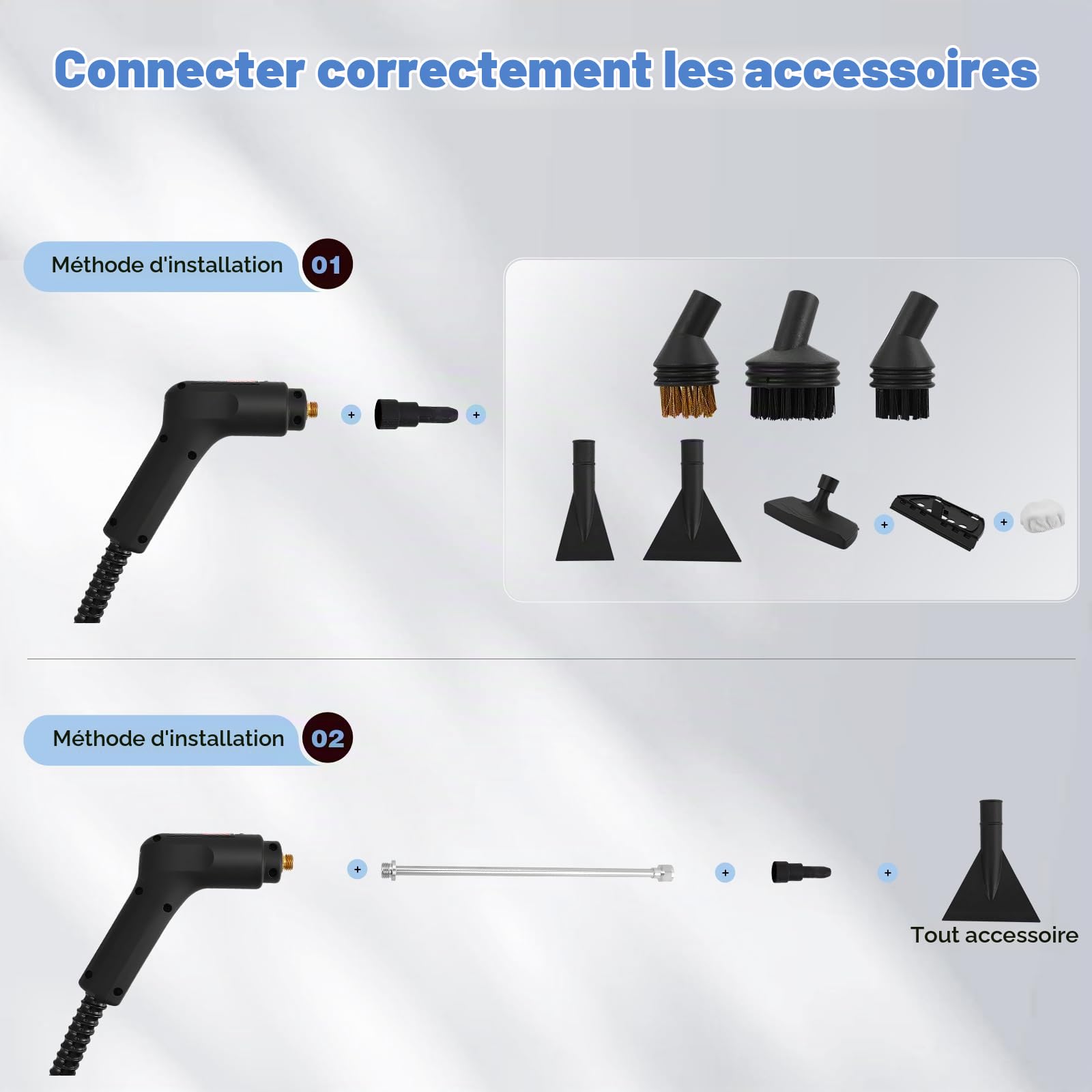 Nettoyeur vapeur portable 2500 W, 6 brosses, réservoir 1600 ml, nettoyant vapeur 3 bars, avec 3 vitesses réglables Steam cleaner pour la maison polyvalente, pour fenêtres, hottes, tissus
