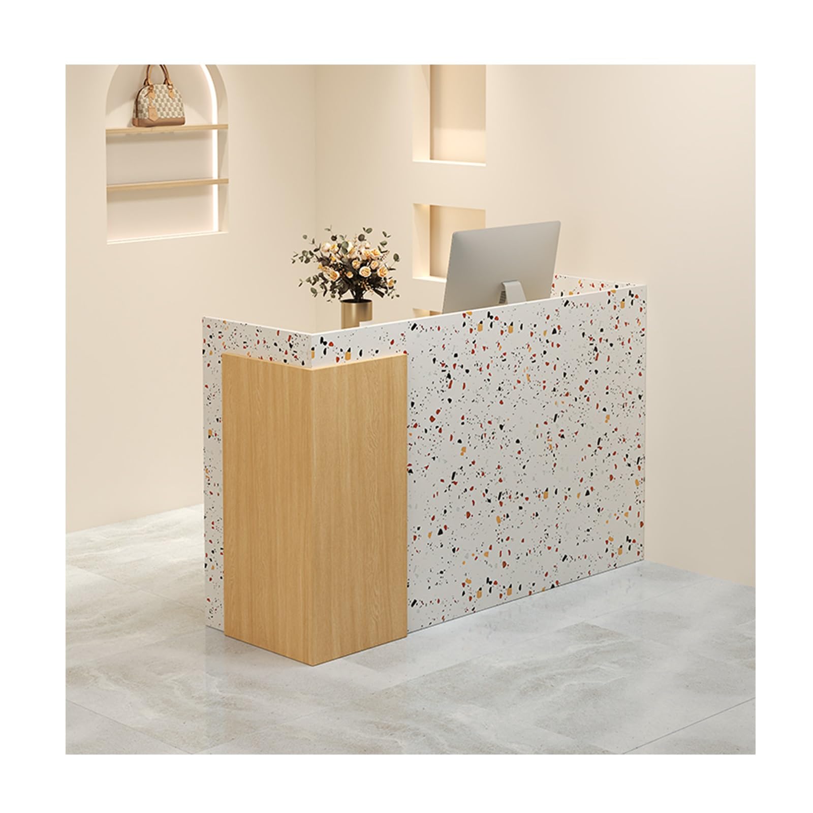Moderno banco reception con spazio per casa, ufficio, postazione di lavoro, banco cassa per vendita al dettaglio per uso commerciale (D L60 cm/23,6")